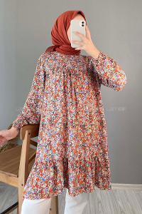 Modalamelif Çiçek Desen Eteği Fırfırlı Tunik Kiremit