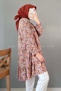 Modalamelif Çiçek Desen Eteği Fırfırlı Tunik Kiremit