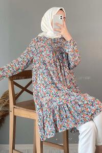 Modalamelif Çiçek Desen Eteği Fırfırlı Tunik Turkuaz