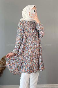 Modalamelif Çiçek Desen Eteği Fırfırlı Tunik Turkuaz