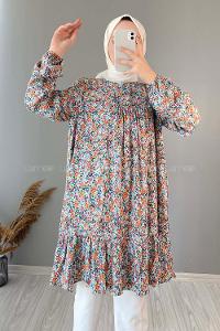 Modalamelif Çiçek Desen Eteği Fırfırlı Tunik Turkuaz