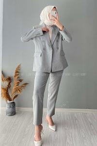 Modalamelif Çizgili Ceket Pantolon İkili Takım Açık Gri