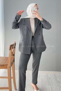 Modalamelif Çizgili Ceket Pantolon İkili Takım Gri