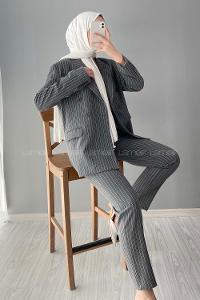 Modalamelif Çizgili Ceket Pantolon İkili Takım Gri