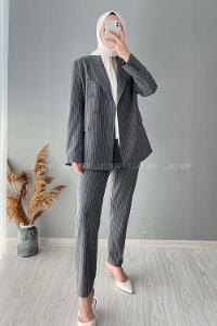 Modalamelif Çizgili Ceket Pantolon İkili Takım Gri