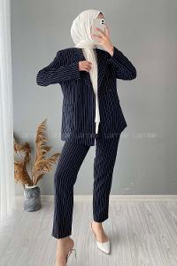 Modalamelif Çizgili Ceket Pantolon İkili Takım Lacivert
