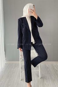 Modalamelif Çizgili Ceket Pantolon İkili Takım Lacivert
