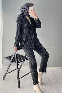 Modalamelif Çizgili Ceket Pantolon İkili Takım Siyah