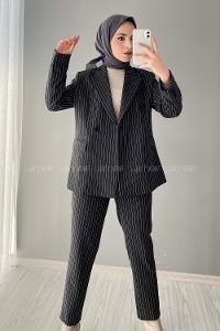 Modalamelif Çizgili Ceket Pantolon İkili Takım Siyah