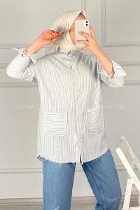 Modalamelif Körük Cepli Çizgili Keten Gömlek Açık Mavi