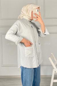 Modalamelif Körük Cepli Çizgili Keten Gömlek Açık Mavi