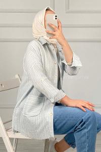 Modalamelif Körük Cepli Çizgili Keten Gömlek Açık Mavi