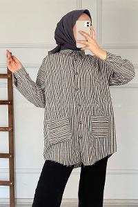 Modalamelif Körük Cepli Çizgili Keten Gömlek Siyah