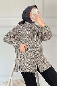 Modalamelif Körük Cepli Çizgili Keten Gömlek Siyah