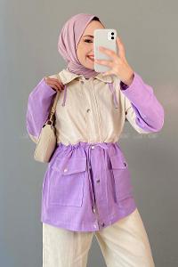 Modalamelif Renk Garnili Keten Ceket Lila