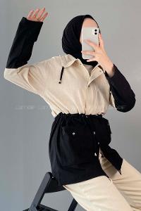 Modalamelif Renk Garnili Keten Ceket Siyah