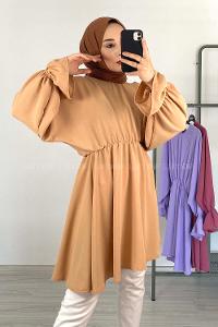 Modalamelif Balon Kol Ayrobin Tunik Camel