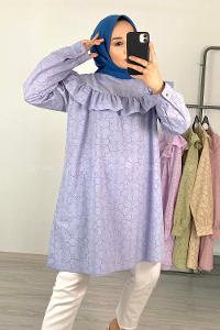 Modalamelif Önü Fırfırlı Desenli Tunik Açık Mavi