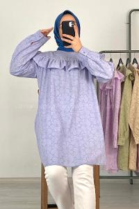 Modalamelif Önü Fırfırlı Desenli Tunik Açık Mavi