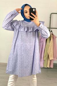 Modalamelif Önü Fırfırlı Desenli Tunik Açık Mavi