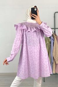 Modalamelif Önü Fırfırlı Desenli Tunik Açık Mor