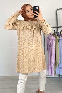 Modalamelif Önü Fırfırlı Desenli Tunik Bej