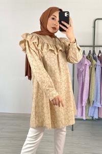 Modalamelif Önü Fırfırlı Desenli Tunik Bej