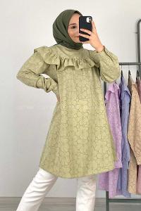 Modalamelif Önü Fırfırlı Desenli Tunik Yeşil