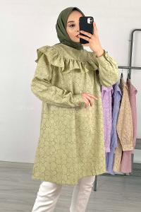 Modalamelif Önü Fırfırlı Desenli Tunik Yeşil