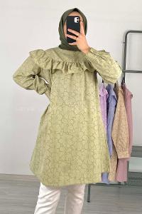 Modalamelif Önü Fırfırlı Desenli Tunik Yeşil