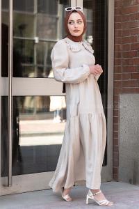 Modalamelif Bebe Yaka Fırfırlı Elbise Taş Rengi