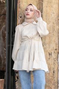 Modalamelif Bel Bağcıklı Fırfırlı Tunik Taş