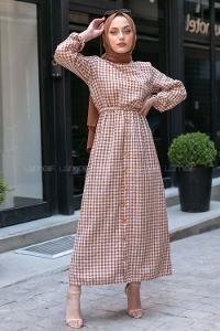 Modalamelif Bel Lastikli Pötikare Gofre Elbise Sütlü Kahve