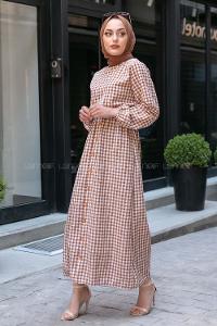 Modalamelif Bel Lastikli Pötikare Gofre Elbise Sütlü Kahve