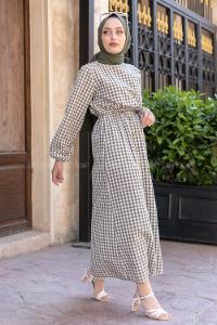 Modalamelif Bel Lastikli Pötikare Gofre Elbise Yeşil