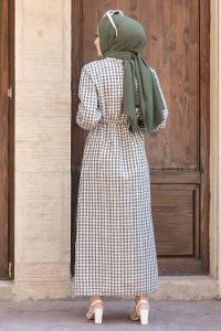 Modalamelif Bel Lastikli Pötikare Gofre Elbise Yeşil