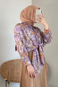 Modalamelif Çiçek Desen Dijital Baskı Gömlek Lila