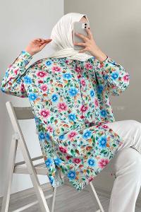 Modalamelif Çiçek Desen Dijital Baskı Gömlek Su Yeşili