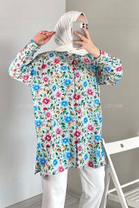 Modalamelif Çiçek Desen Dijital Baskı Gömlek Su Yeşili