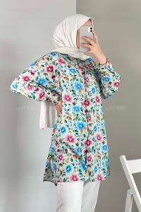 Modalamelif Çiçek Desen Dijital Baskı Gömlek Su Yeşili