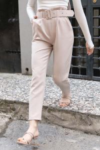 Modalamelif Kaplama Kemerli Pantolon Taş Rengi