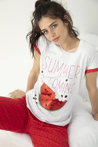 Modalamelif Kısa Kollu Karpuz Baskılı Pijama Takımı  Ekru Kırmızı