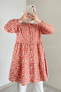 Modalamelif Önü Düğmeli Çiçek Desen Tunik Gül