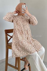 Modalamelif Önü Düğmeli Çiçek Desen Tunik Sütlü Kahve