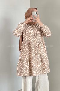 Modalamelif Önü Düğmeli Çiçek Desen Tunik Sütlü Kahve