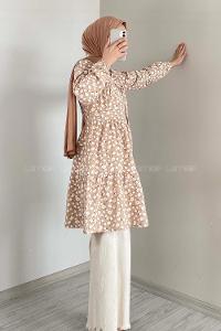Modalamelif Önü Düğmeli Çiçek Desen Tunik Sütlü Kahve