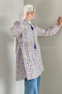 Modalamelif Yaka Bağlamalı Desenli Tunik Saks Mavisi