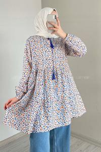 Modalamelif Yaka Bağlamalı Desenli Tunik Saks Mavisi