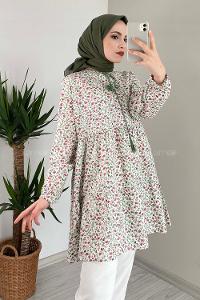 Modalamelif Yaka Bağlamalı Desenli Tunik Yeşil