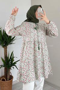 Modalamelif Yaka Bağlamalı Desenli Tunik Yeşil